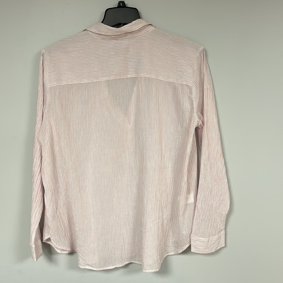 Loft Crinkle Split Neck Top/ blouse semi-sheer tiny pink/white/ blue stripes  XL - Picture 3 of 7